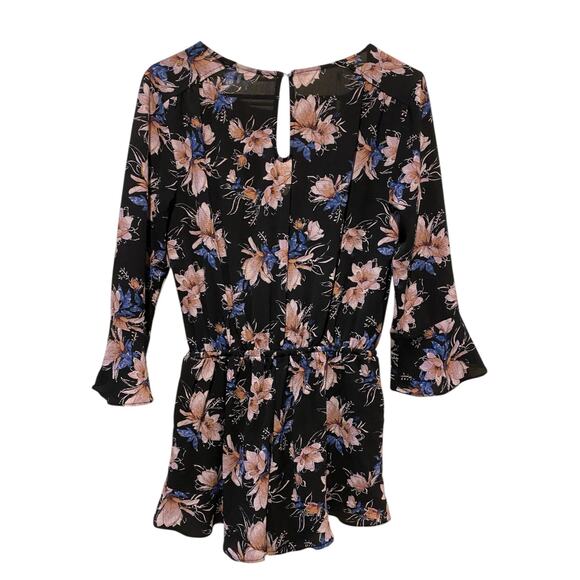 One Clothing Floral Romper Small Black Purple Ruffle Hem Long Sleeve Indie Boho - Picture 2 of 7